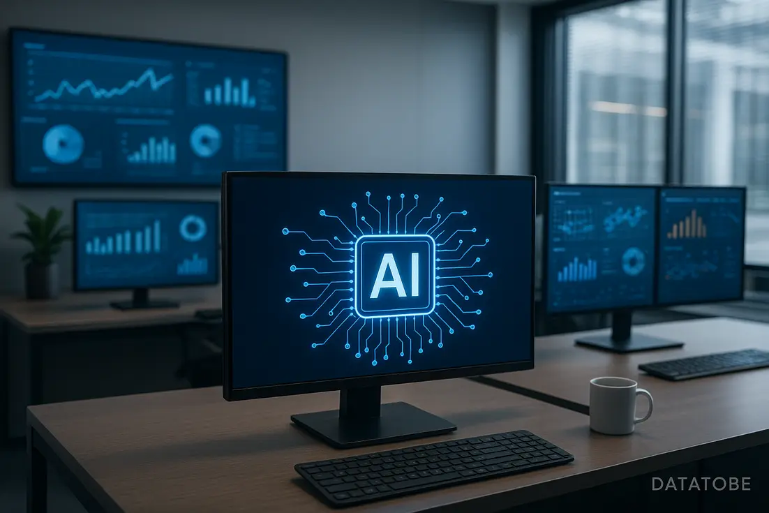 Oficina moderna con pantallas de datos y tecnología de chatbot IA para atención al cliente.
